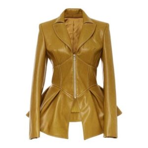 Front view of women's yellow biker leather jacket