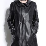 Women's Zipper Hooded Black Pleated Long Sleeve Leather Jacket