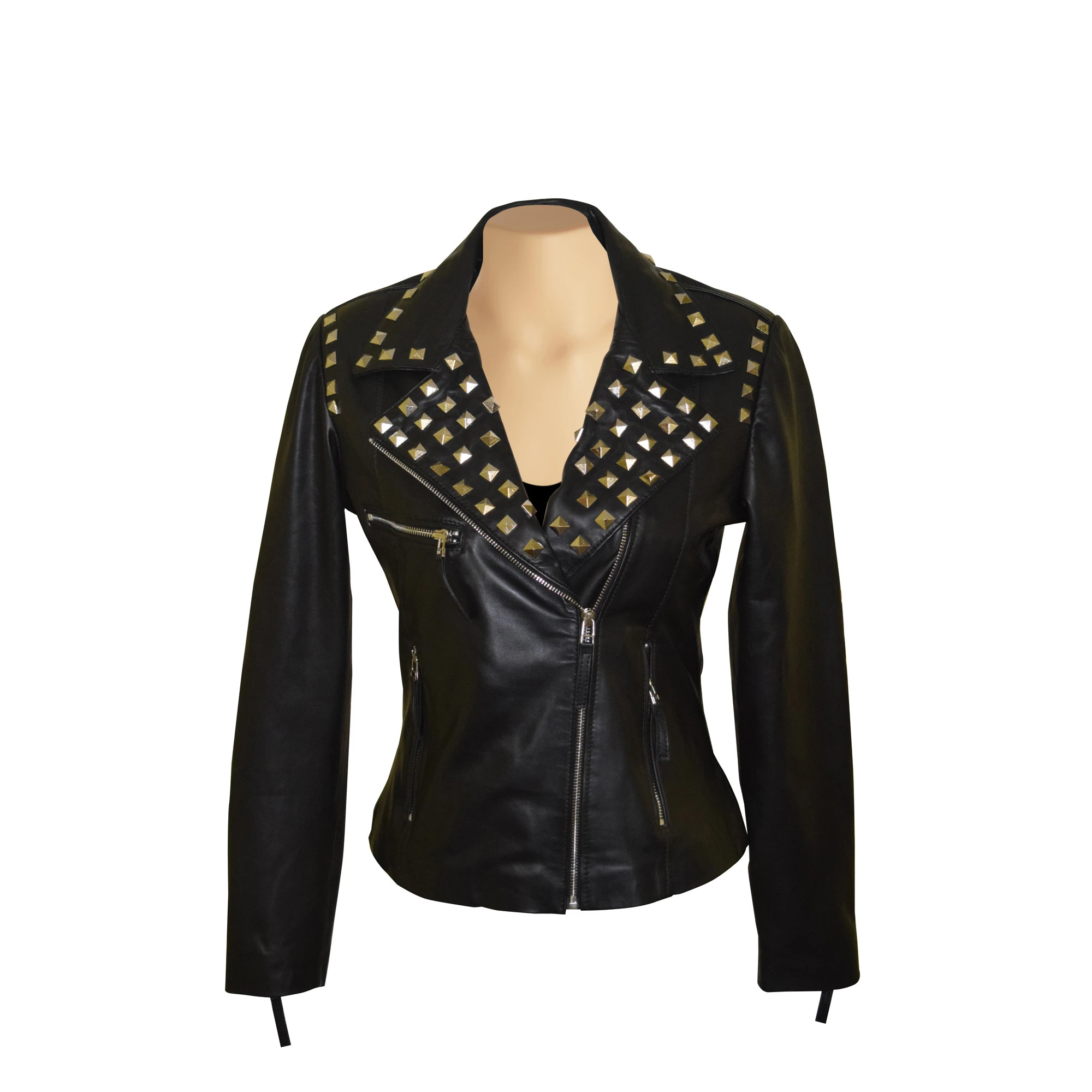 Aliesha’s black studded biker leather jacket front view Aliesha’s black studded biker leather jacket front view