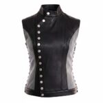 Front view of the Athena Centered Leather Vest showing premium black leather, textured gray sides, and an asymmetric silver button snap closure.