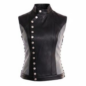 Front view of the Athena Centered Leather Vest showing premium black leather, textured gray sides, and an asymmetric silver button snap closure.