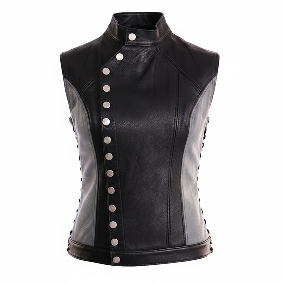 Black-Athena-Centered-Closure-Leather-Vest-1 Front view of the Athena Centered Leather Vest showing premium black leather, textured gray sides, and an asymmetric silver button snap closure.