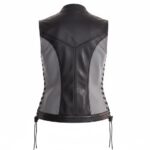 Back view of the Athena Centered Leather Vest featuring a fitted silhouette, smooth black leather, and gray accents.