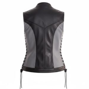 Back view of the Athena Centered Leather Vest featuring a fitted silhouette, smooth black leather, and gray accents.