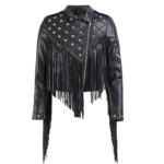 Black Biker Fringe Star Studded Leather Jacket