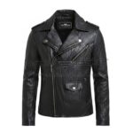 Black biker leather jacket front view with notch lapel collar, YKK asymmetrical zipper, and front zipper pockets..