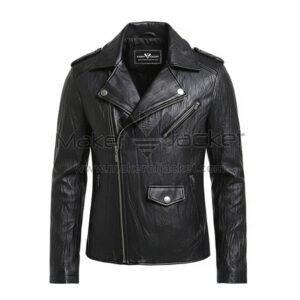 Black biker leather jacket front view with notch lapel collar, YKK asymmetrical zipper, and front zipper pockets..