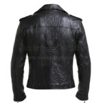 Black biker leather jacket back view with shoulder epaulets and sleek fitted design.