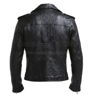 Black biker leather jacket back view with shoulder epaulets and sleek fitted design.