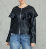 Black Ruffles O-Neck Leather Jacket