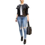 Black Ruffles O-Neck Leather Jacket