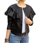 Black Ruffles O-Neck Leather Jacket