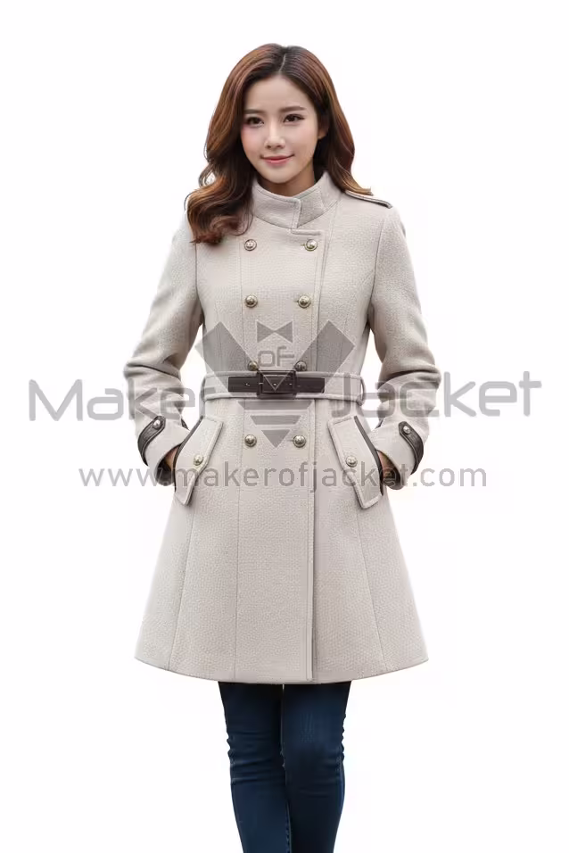 Double-Breasted-Banded-Collar-Belt-Woolen-Coat