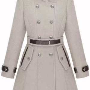 Double-Breasted-Banded-Collar-Belt-Woolen-Coat
