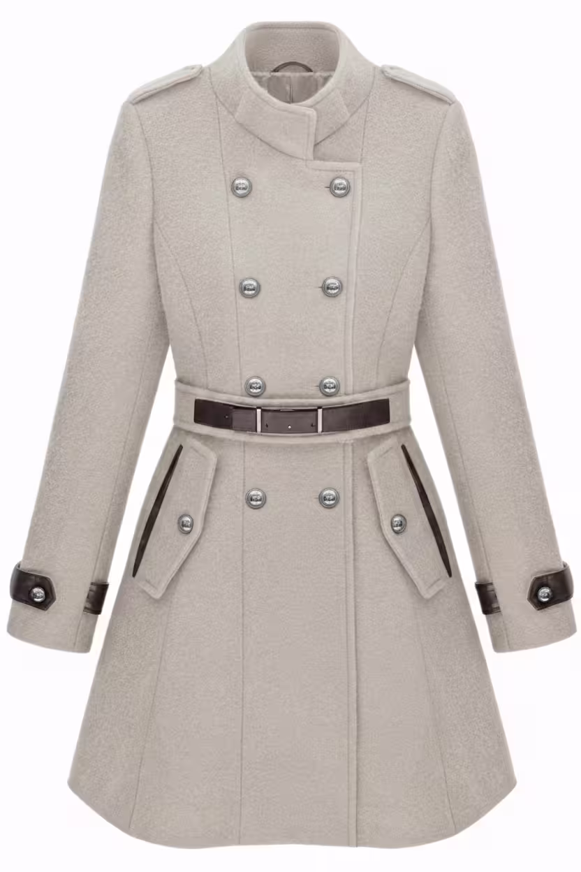 Double-Breasted-Banded-Collar-Belt-Woolen-Coat