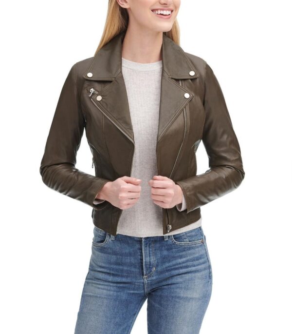 Asymmetrical Zip Green Leather Jacket With Zip Cuff - Image 5