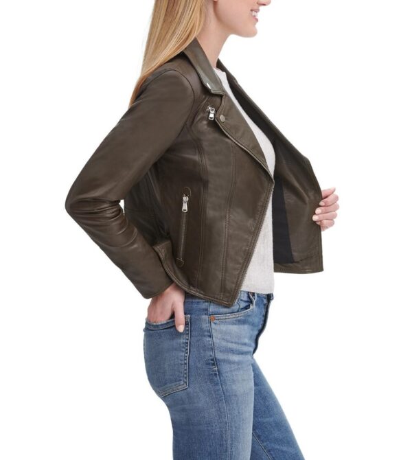 Asymmetrical Zip Green Leather Jacket With Zip Cuff - Image 6