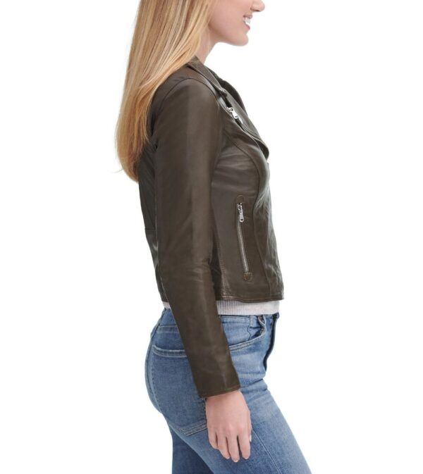Asymmetrical Zip Green Leather Jacket With Zip Cuff - Image 2