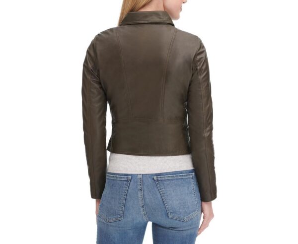 Asymmetrical Zip Green Leather Jacket With Zip Cuff - Image 3
