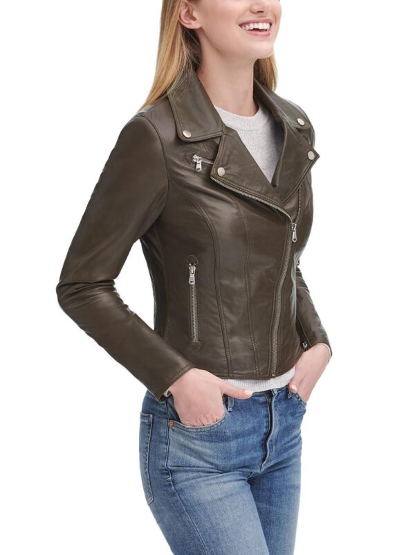 Asymmetrical Zip Green Leather Jacket With Zip Cuff - Image 4