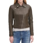 Asymmetrical Zip Green Leather Jacket With Zip Cuff