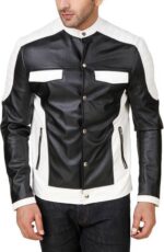 Front view of black and white biker motorcycle leather jacket