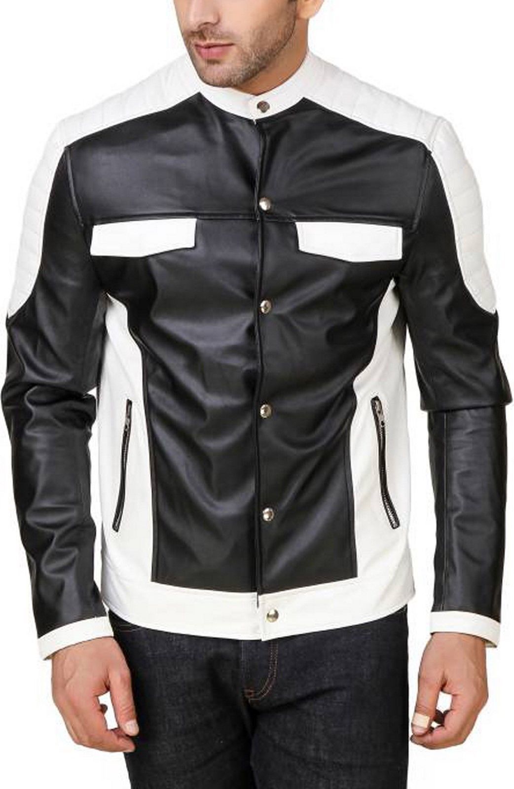 Front view of black and white biker motorcycle leather jacket Front view of black and white biker motorcycle leather jacket