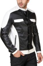 Side profile of black white biker jacket with zipper details