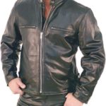 Front view of cafe racer leather motorcycle jacket with slim fit