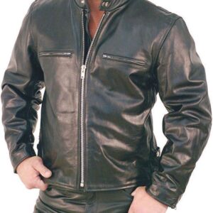 Front view of cafe racer leather motorcycle jacket with slim fit