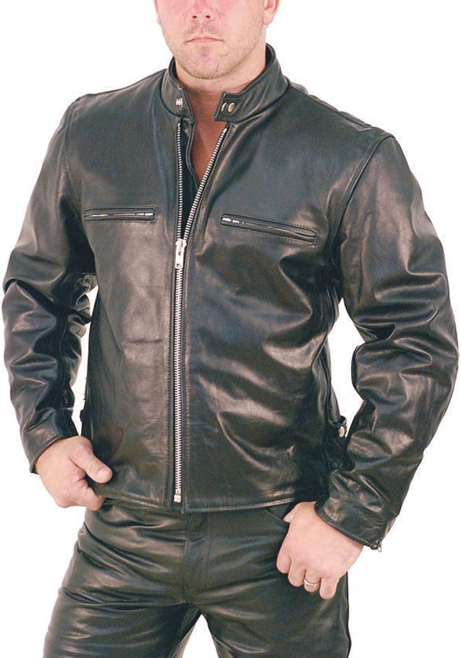 Front view of cafe racer leather motorcycle jacket with slim fit Front view of cafe racer leather motorcycle jacket with slim fit