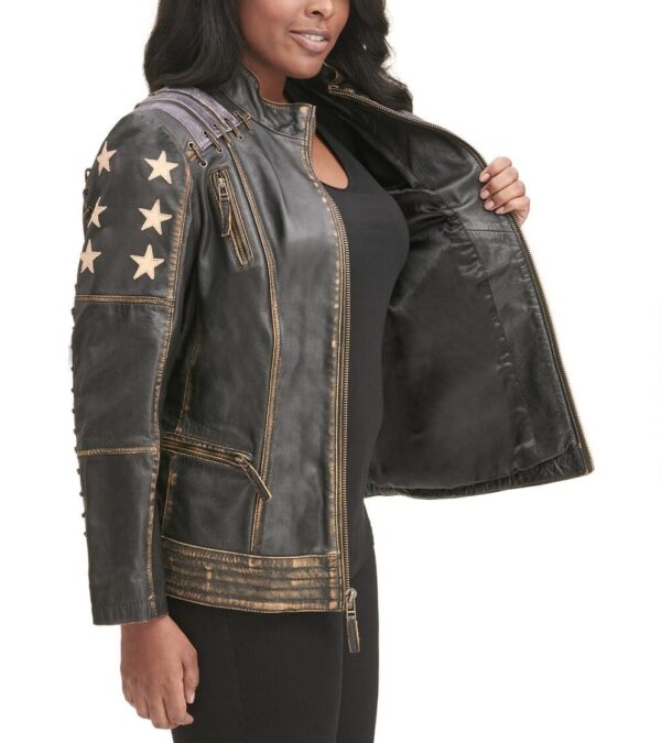 Black Rivet Women's Distressed Stars Stripes Leather Jacket