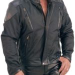 Front view of men’s leather motorcycle jacket with zippers