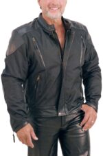 Front view of men’s leather motorcycle jacket with zippers