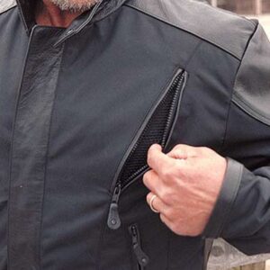 Close-up of rugged leather texture on men’s riding jacket