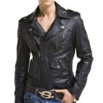 Front view of new handmade genuine biker leather jacket