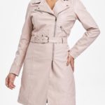 Oblique Zipper Belted  Light Pink Long Coat