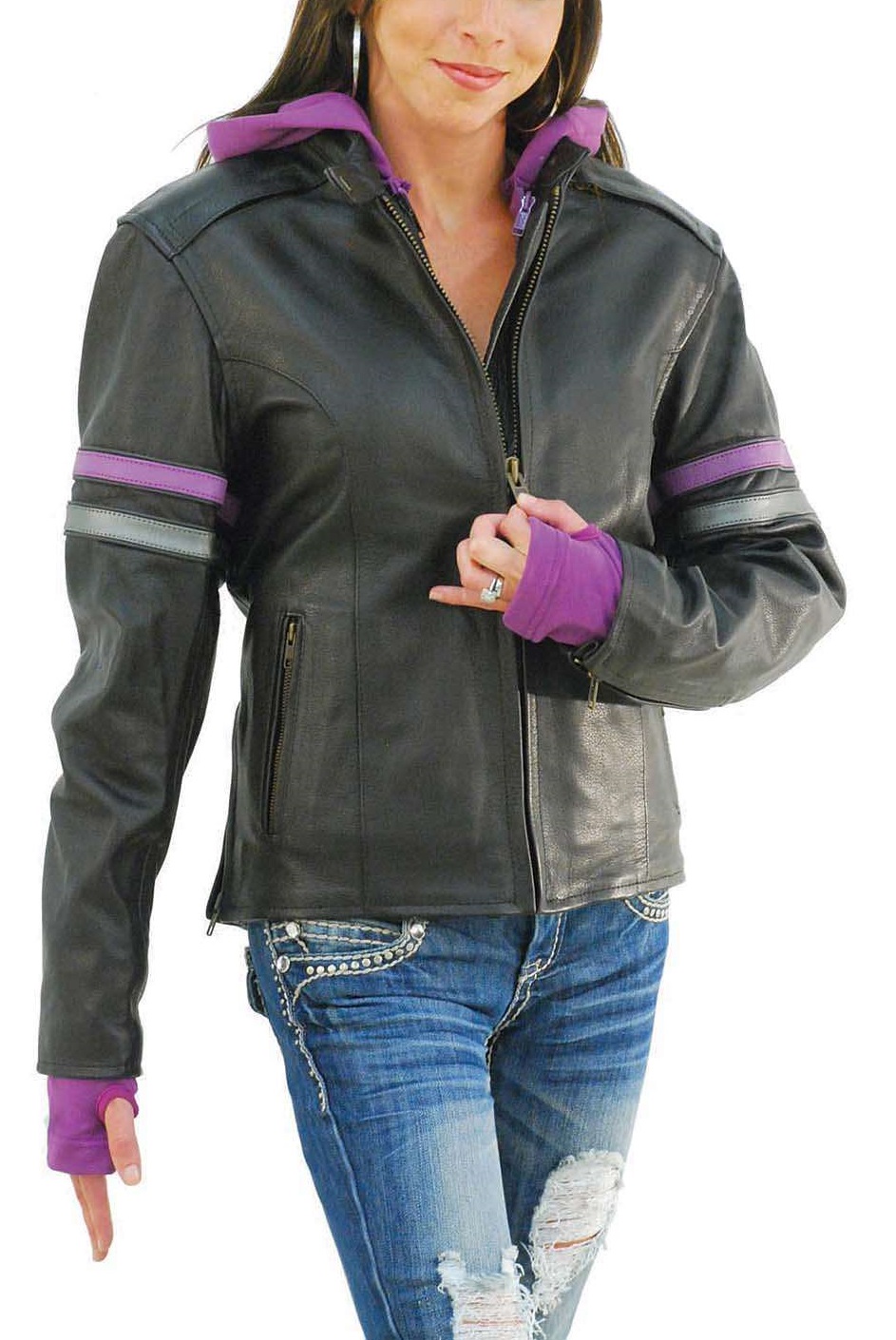 Woman riding a bike in vented motorcycle jacket with hoodie Woman riding a bike in vented motorcycle jacket with hoodie