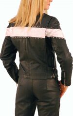 Back of white stripe detail on studded biker jacket