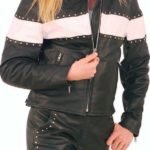 Stud trim leather motorcycle jacket with wide white stripe front view