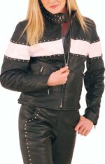 Stud trim leather motorcycle jacket with wide white stripe front view