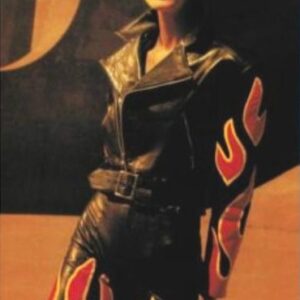 Rider wearing vintage flame design motorcycle jacket