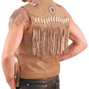 Western Brown Leather Vest With Indian Beading