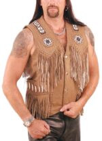 Western Brown Leather Vest With Indian Beading