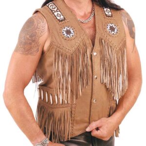 Western Brown Leather Vest With Indian Beading