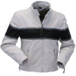 Front view white black stripe motorcycle leather jacket