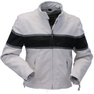 Front view white black stripe motorcycle leather jacket