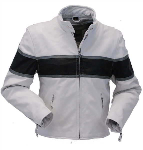 Front view white black stripe motorcycle leather jacket Front view white black stripe motorcycle leather jacket