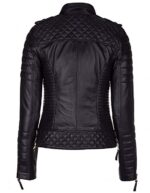 Back view of quilted leather motorcycle jacket for women