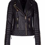 Front view of women’s diamond quilted biker leather jacket